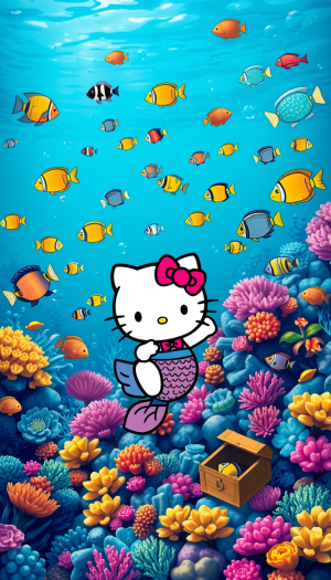 Hello Kitty embarks on an underwater adventure, exploring a vibrant coral reef teeming with colorful tropical fish. She is adorned with a mermaid's tail and swims among the aquatic wonders, discovering hidden treasure chests and interacting with the diverse marine life. The scene is a celebration of the beauty and mystery of the deep blue sea, with a palette of blues and greens that reflect the tranquility of the ocean depths.