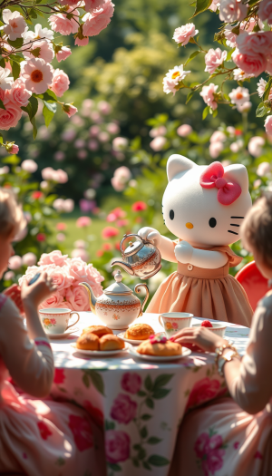 Hello Kitty is hosting an elegant tea party in a lush garden, where the air is filled with the sweet scent of blooming flowers. She is dressed in a lovely dress, pouring tea from a vintage teapot into delicate cups. The table is set with a beautiful floral tablecloth, and guests are enjoying freshly baked scones and pastries under the warm sunshine, creating a delightful and serene atmosphere.