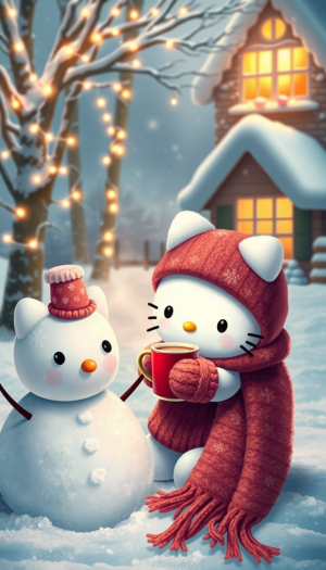 Hello Kitty is bundled up in a cozy scarf and mittens, enjoying a snowy day in a winter wonderland. She is building a snowman with a carrot nose and a top hat, while sipping on a steaming cup of hot cocoa. The scene is illuminated by the soft glow of twinkling fairy lights wrapped around trees and the warm light from the windows of a nearby cottage, evoking the warmth and joy of the holiday season.