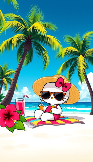 Hello Kitty is basking in the sun at a tropical paradise, surrounded by swaying palm trees and the soothing sound of waves on the beach. She is wearing a wide-brimmed sun hat and sunglasses, relaxing on a colorful beach towel with a refreshing drink in hand. Hibiscus flowers add a touch of vibrant color, and the clear blue sky and ocean create a perfect backdrop for a day of relaxation and enjoyment.