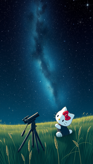 Hello Kitty gazes up at a canvas of stars, her eyes reflecting the twinkle of the cosmos. She's set up a telescope in a serene meadow, capturing the beauty of constellations and galaxies. The air is crisp and clear, and the sky is a deep, inky black, punctuated by the brilliant points of light, creating a sense of awe and wonder.