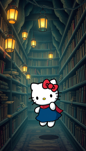 Hello Kitty is exploring an ancient, enchanted library where the shelves float in mid-air and illuminated by the soft glow of hanging lanterns. Scrolls and ancient tomes line the shelves, and the air is filled with the scent of old parchment and the whispers of knowledge. The library is a labyrinth of stories and secrets, inviting her to delve into the magical world of literature.