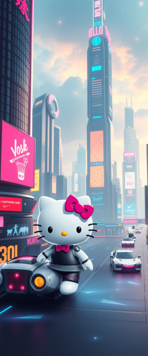 Hello Kitty steps into a futuristic cityscape where towering skyscrapers are adorned with vibrant neon lights and holographic advertisements. Hovercars zip through the air, and the city pulses with the hum of advanced technology. She's at the forefront of innovation, surrounded by the sleek designs and cutting-edge advancements that define this futuristic metropolis.